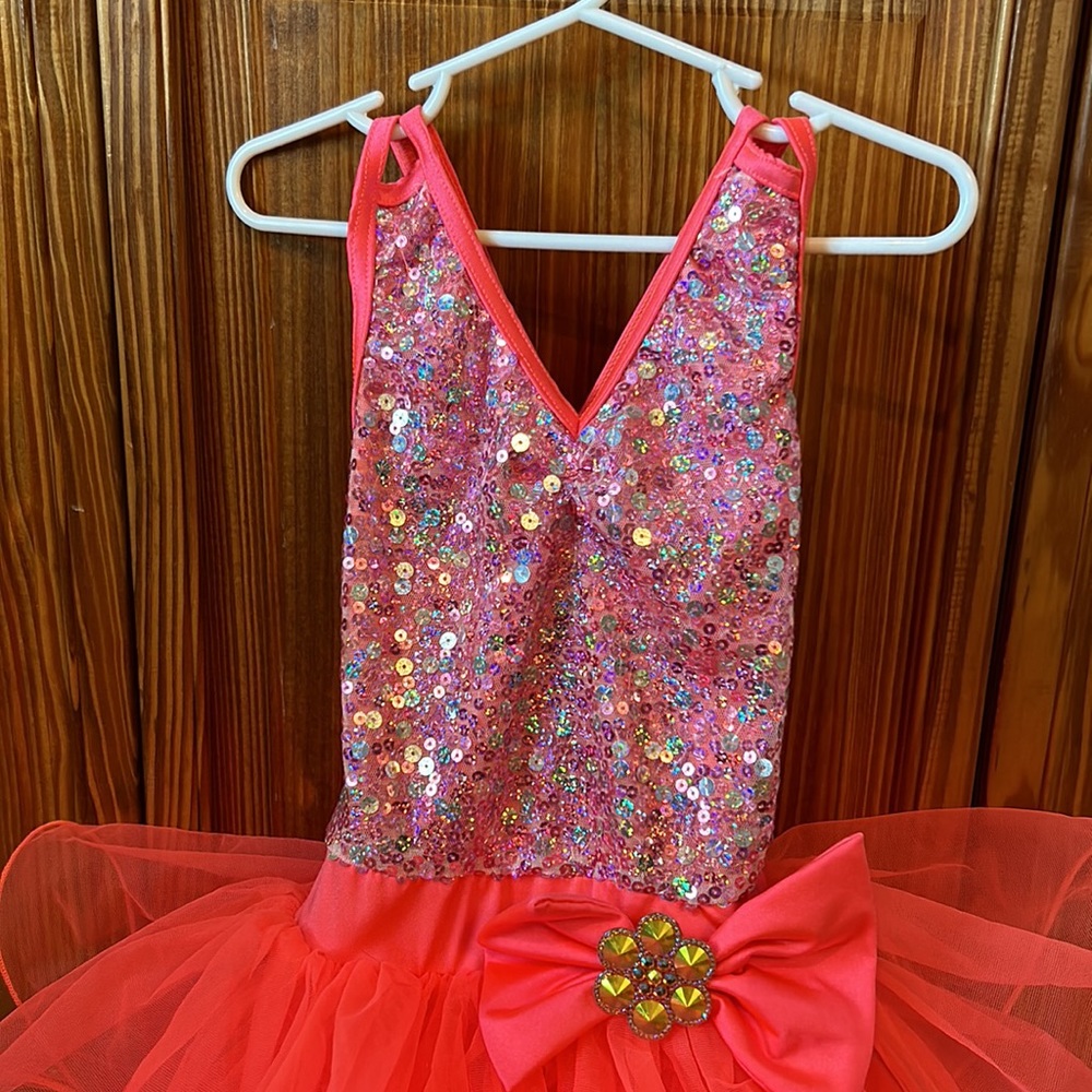 Weissman dance recital costume in coral with tulle underlay - Picture 2 of 7
